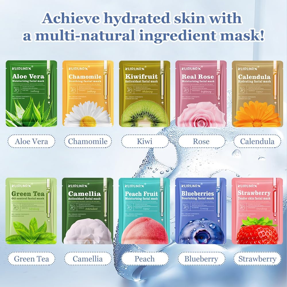 Маска для лица KUIRUNRX® Набор 10 шт, Увлажняющие маски для ежедневного ухода за лицом для различных потребностей кожи, Спа-уход за кожей, Успокаивает, Увлажняет, фото №7