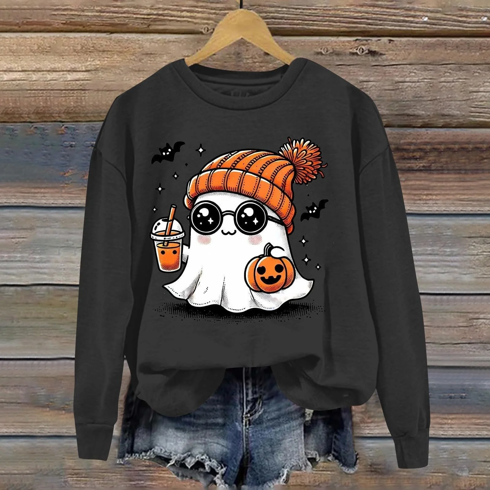 Женский Свитшот Рождественский Свободный Крой Модный Повседневный Хэллоуин С принтом Круглый вырез Длинный рукав, фото №3