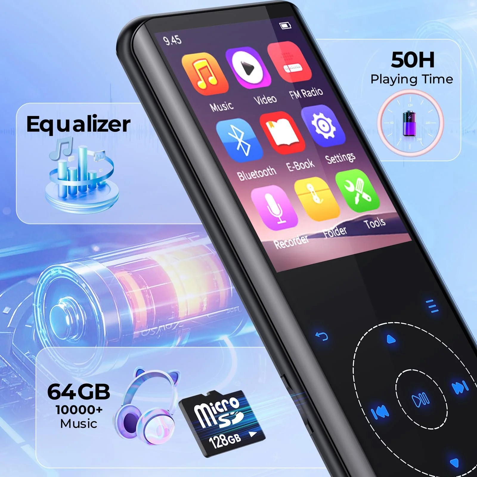 MP3-плеер Tihoosky 64 GB Bluetooth 5.3, HiFi, встроенный динамик HD, сенсорная кнопка, диктофон, до 128 GB, черный, фото №7