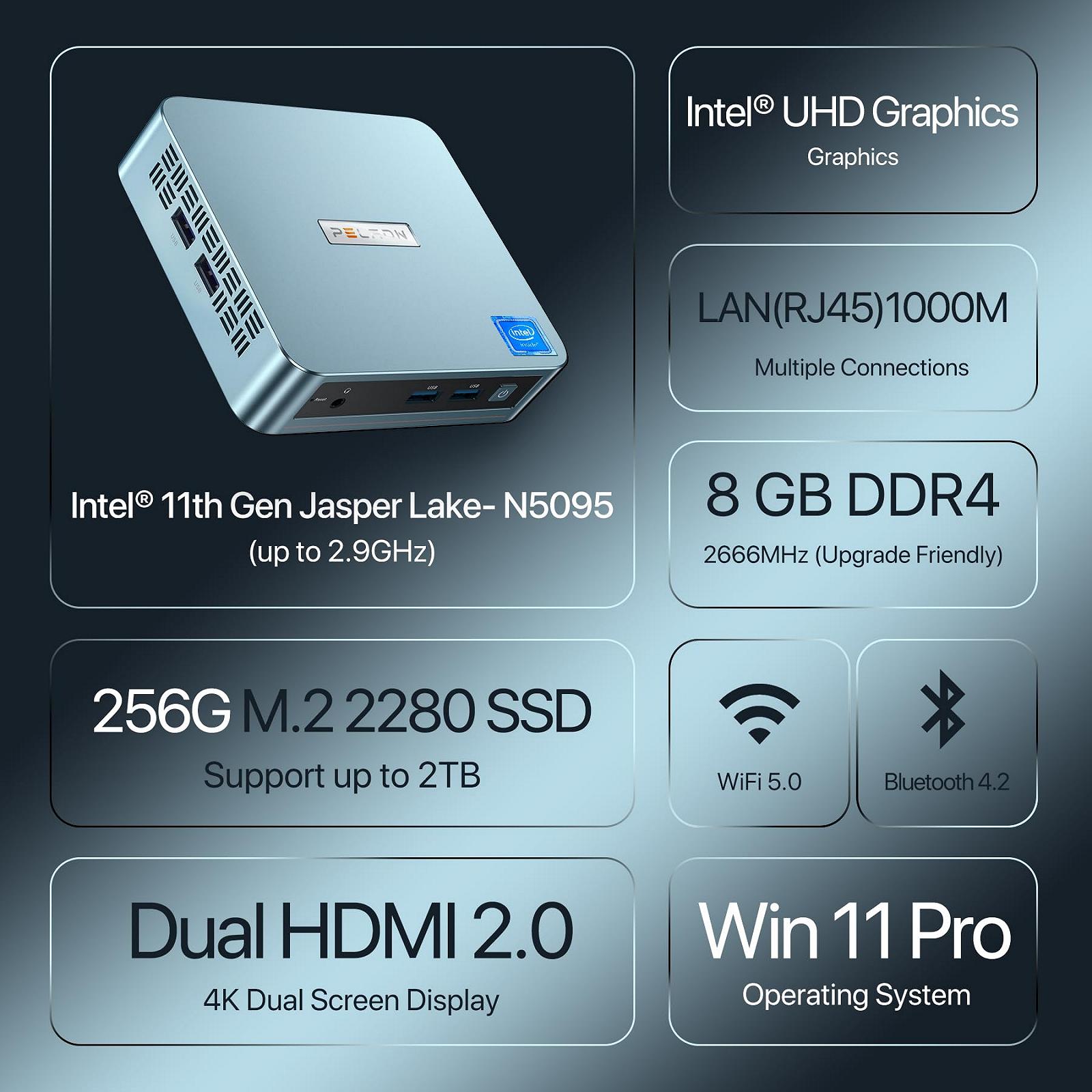 Мини ПК PELADN WI-4 с процессором Intel 11-го поколения N5095 (до 2.9GHz), 8GB ОЗУ/256GB M.2 SSD, 4K UHD, Bluetooth 4.2, HDMI2.0, LAN и WiFi, 2.4G/5.0G Wi-Fi для бизнес-приложений, фото №5