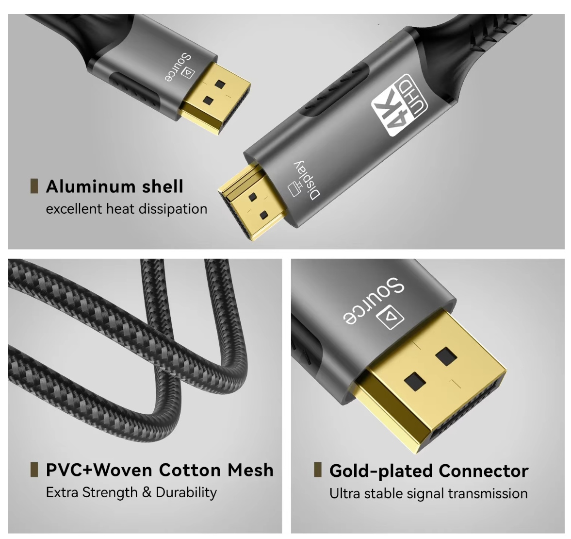 Кабель мультимедійний FDBRO DisplayPort to HDMI v2.0 4K/60Hz 3 метри Grey UltraHD HDR, фото №5