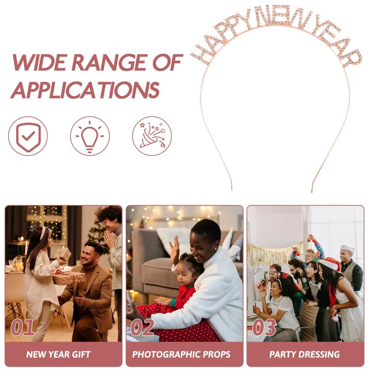 Обруч Новорічний вечір 2026, тіара зі стразами, рожеве золото, фото №8