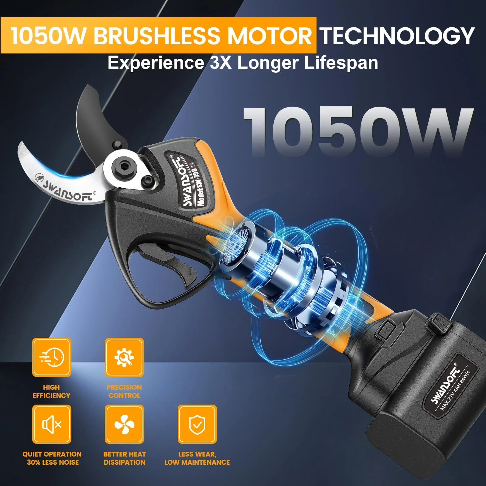 Секатор акумуляторний SWANSOFT 40 мм 21 В 1050 Вт з 2 акумуляторами 4 А·год, безщітковим двигуном, РК-дисплеєм і подовжувальним кабелем 1,2 м, жовтий, фото №3