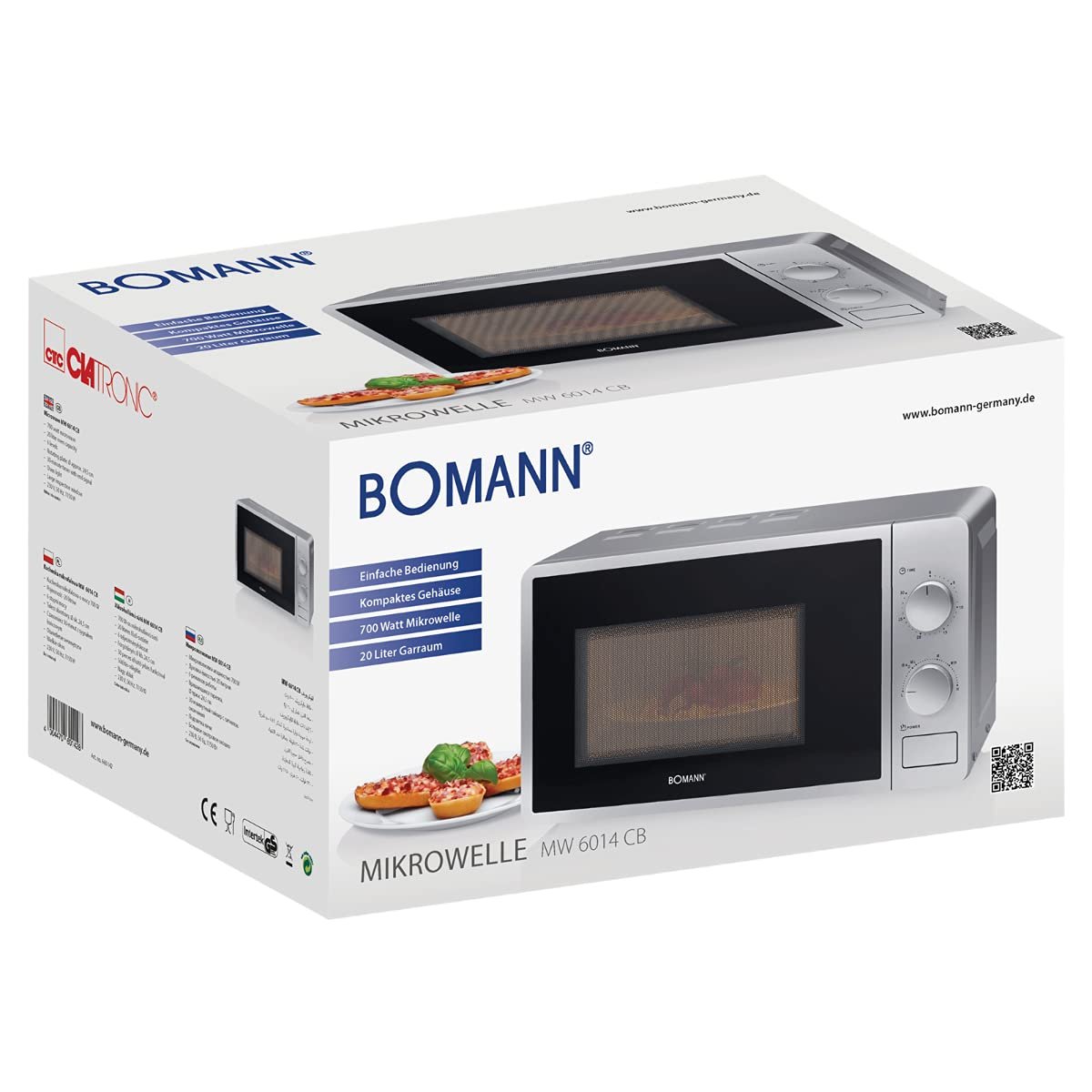 Микроволновая печь Bomann MW 6014 CB 700 Вт 6 уровней Рабочая камера 20 л Поворотный стол 360° Таймер с сигналом окончания Серебристая, фото №9