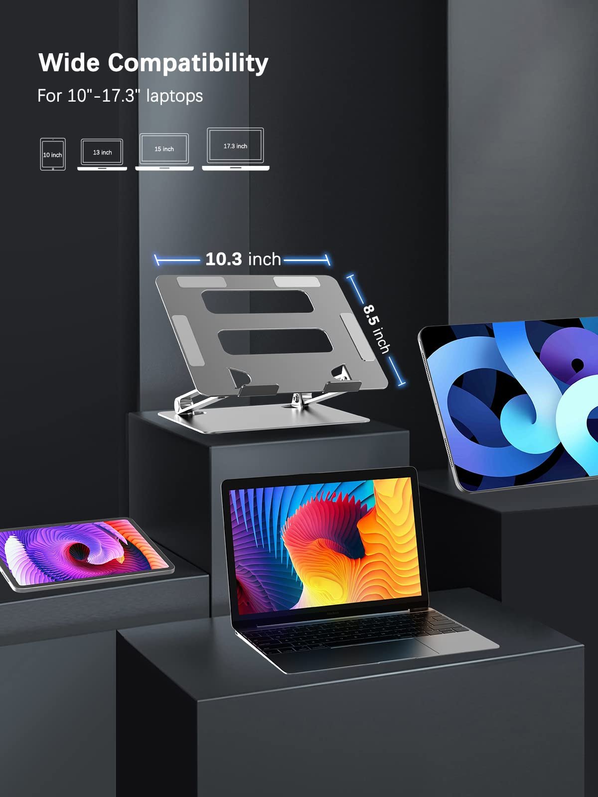 Підставка для ноутбука портативна регульована алюмінієва для столу Dell XPS, HP (10-17.3 дюймів) - Срібна, фото №4 Підставка для ноутбука портативна регульована алюмінієва для столу Dell XPS, HP (10-17.3 дюймів) - Срібна, фото №4