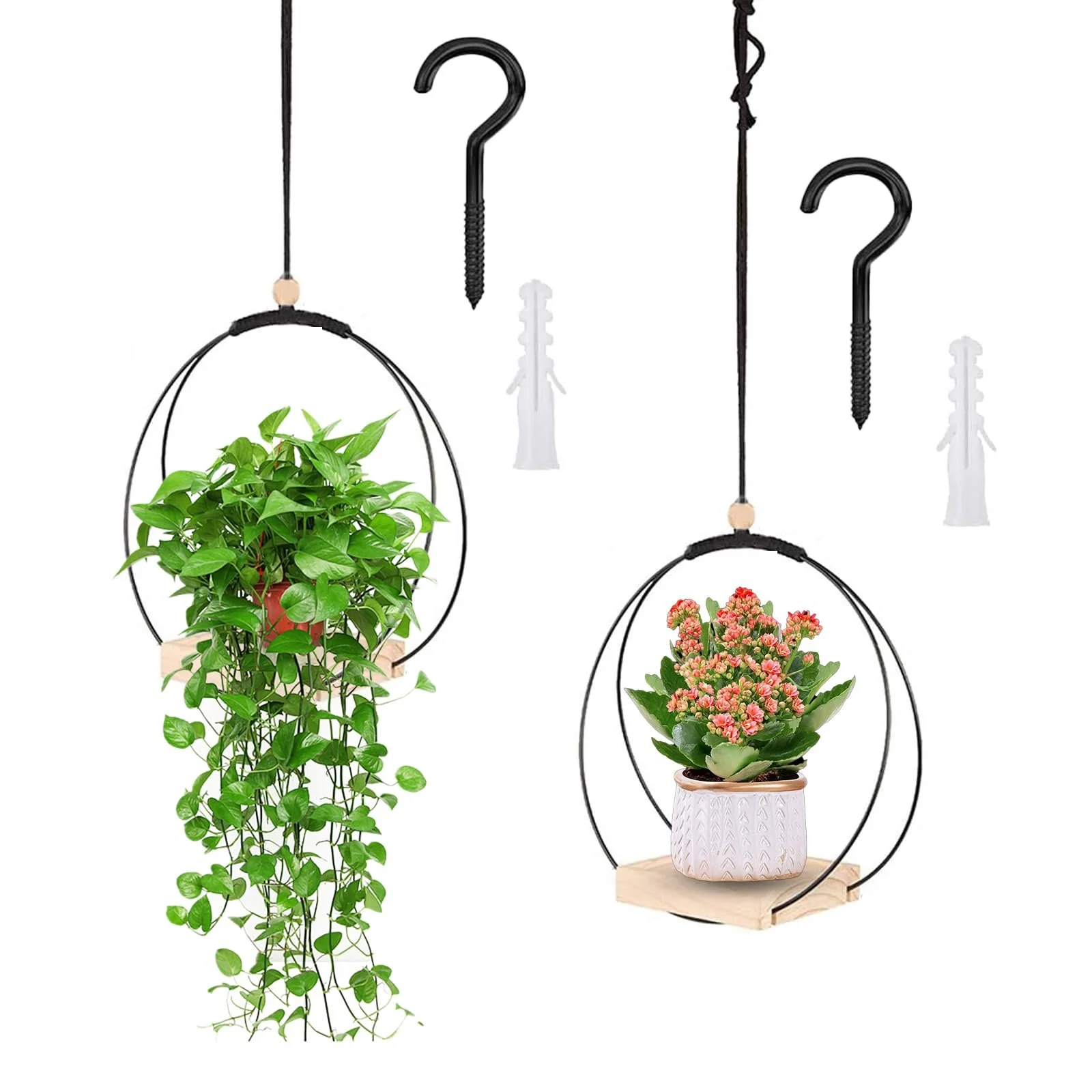 Підвісний кошик 2 шт з металевим кільцем та дерев'яною основою Сучасний стиль, фото №1