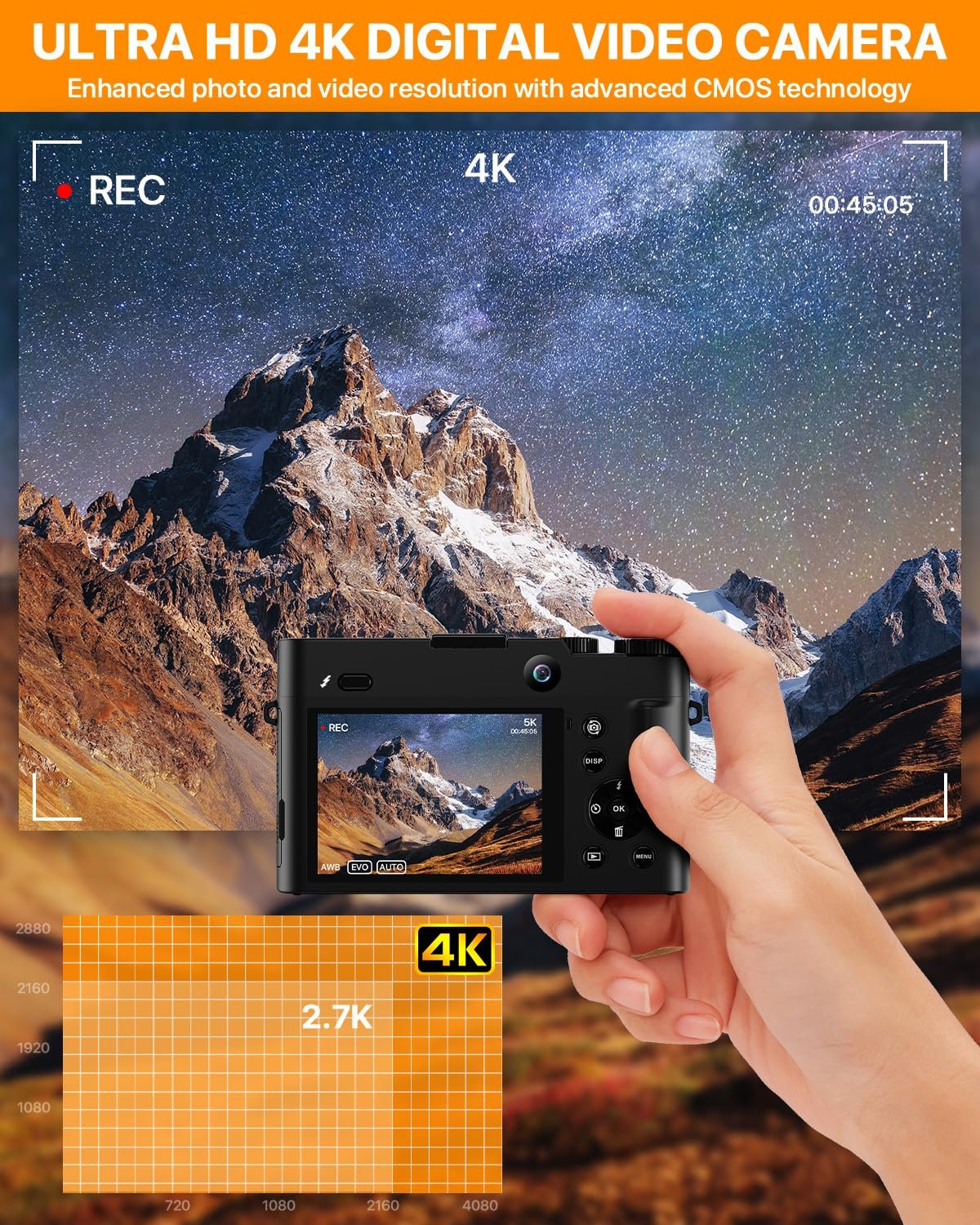 Цифровой Фотоаппарат 4K 64 МП с Двумя Камерами, Функцией Стабилизации и Картой Памяти 32 ГБ, 16-кратным Цифровым Увеличением, 2 Аккумуляторами и Зарядным Устройством, Компактный Фотоаппарат для Начинающих, фото №2