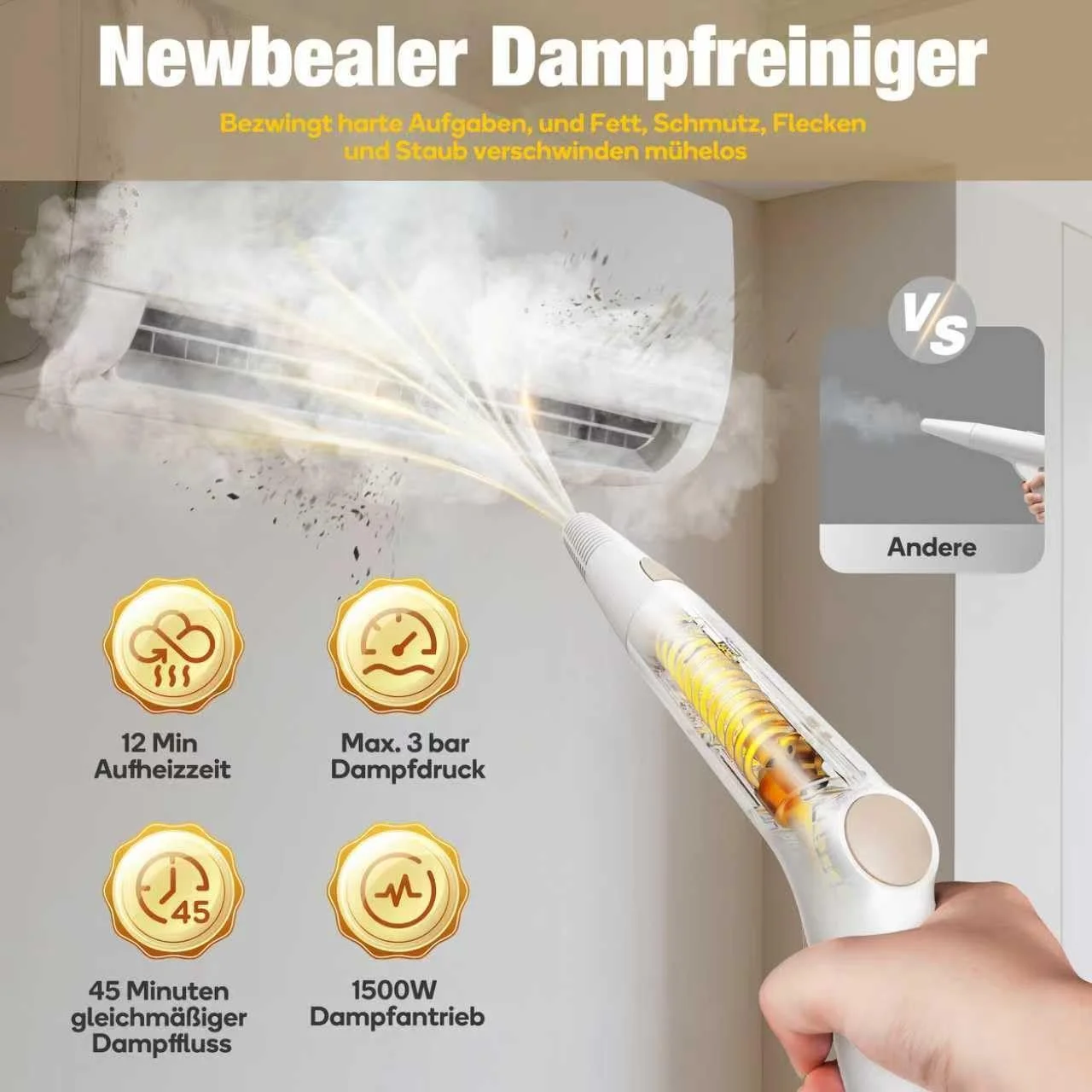 Пароочисник Newbealer 2-в-1 1500 Вт 5 бар 1.5 л Золотистий, фото №2