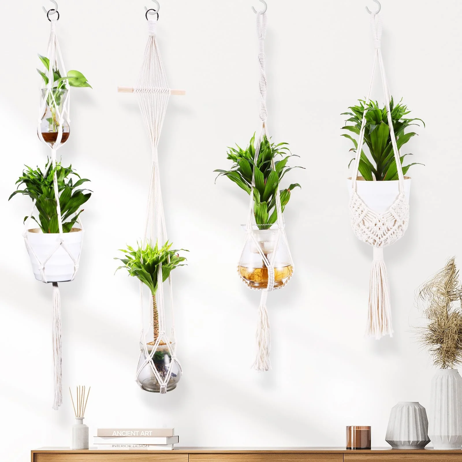 Набор подвесных корзин 4 шт. плетеных из хлопковой веревки в стиле бохо с крючками, фото №3