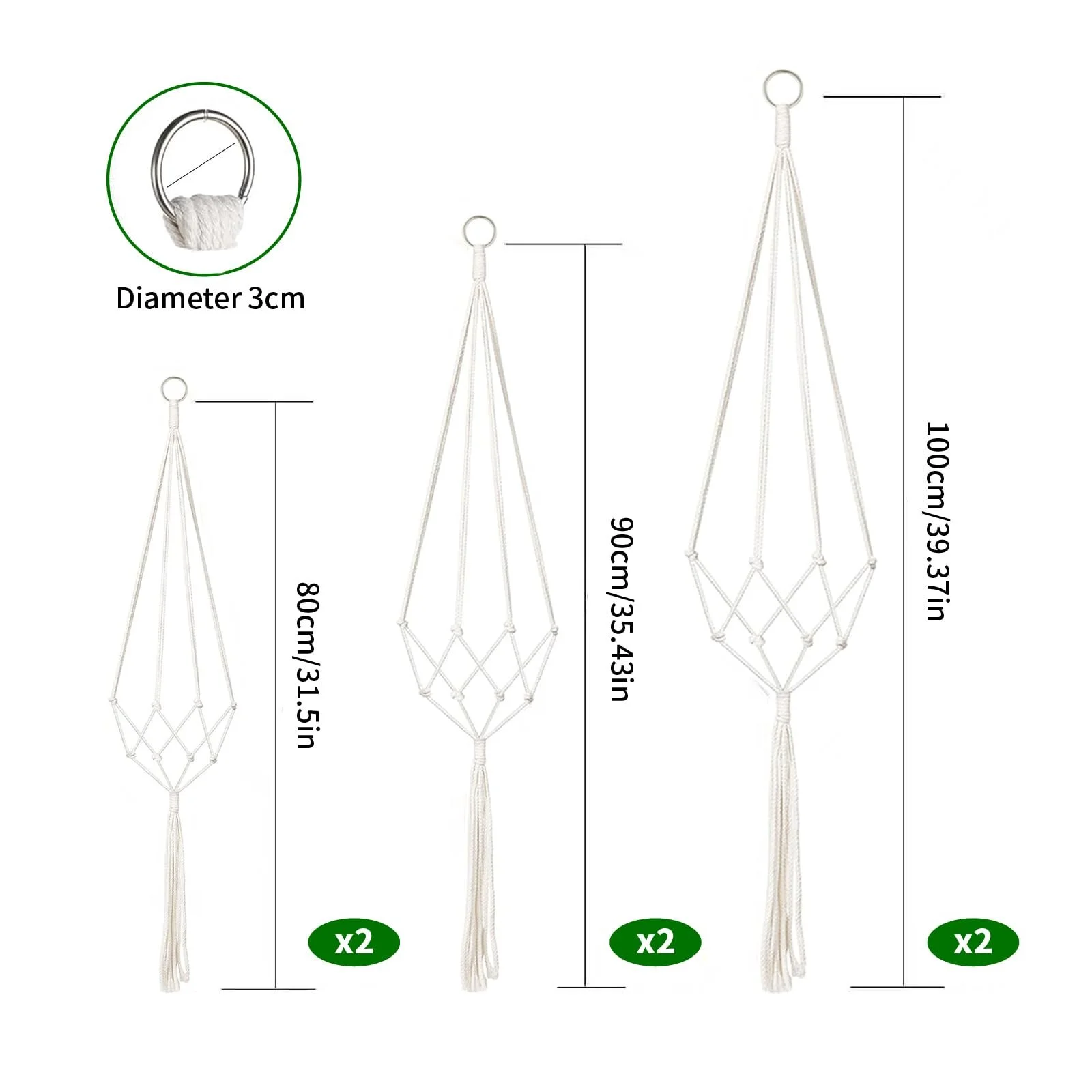Подвесная корзина макраме 80/90/100 см 6 шт. Белый, фото №2