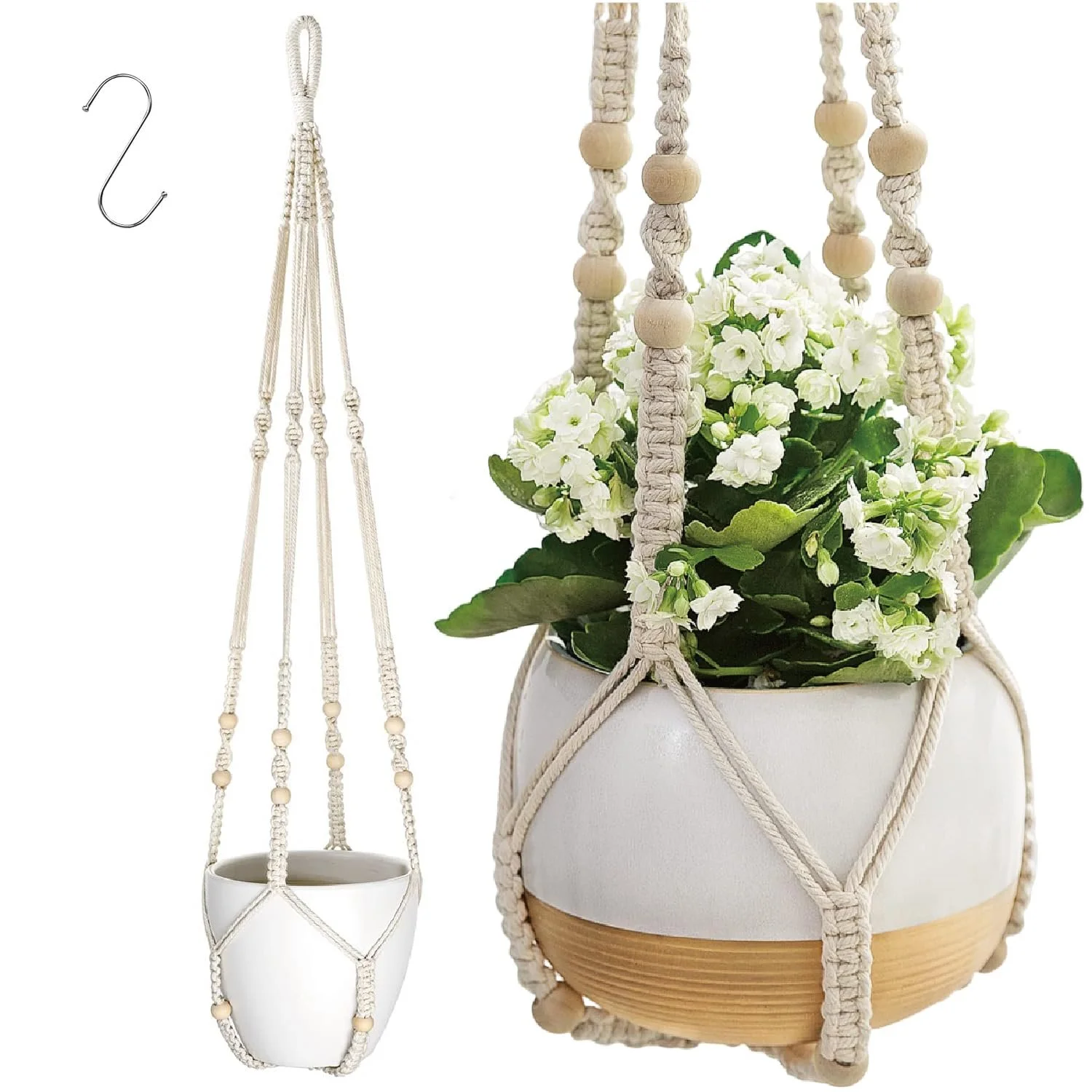 Підвісний кошик макраме Boho бавовняний з намистинами без китиць 1 шт, фото №1