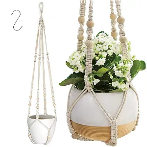 Підвісний кошик макраме Boho бавовняний з намистинами без китиць 1 шт - Фото 1