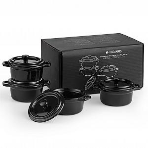 Форма для запекания Navaris Mini Cocotte Набор 4 шт. с крышками Черная Керамика - Фото 1