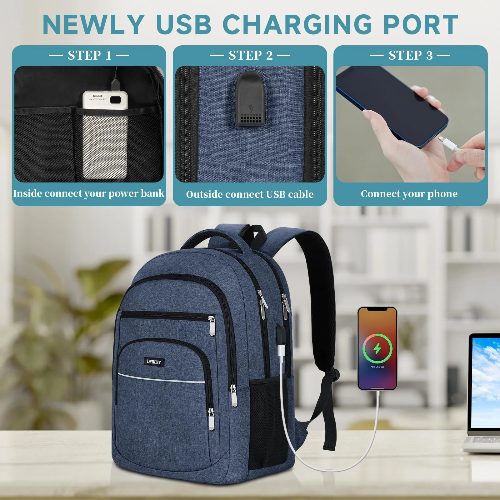 Рюкзак для ноутбука 17.3 дюйма водонепроникний з USB-портом синій, фото №5 Рюкзак для ноутбука 17.3 дюйма водонепроникний з USB-портом синій, фото №5