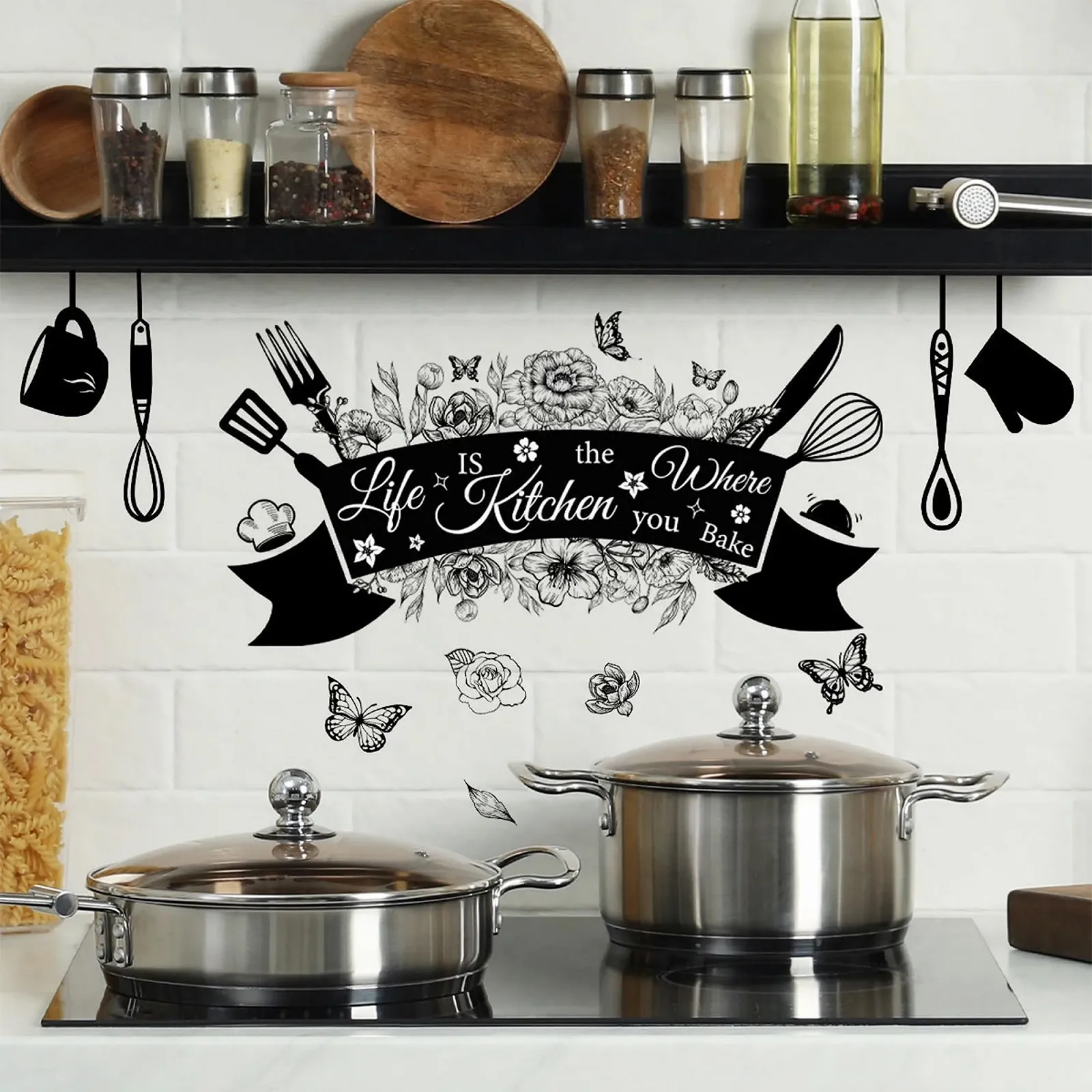 Наклейка на стіну Кухонна Столові прибори Метелики Квіти Чорний, M1, фото №3