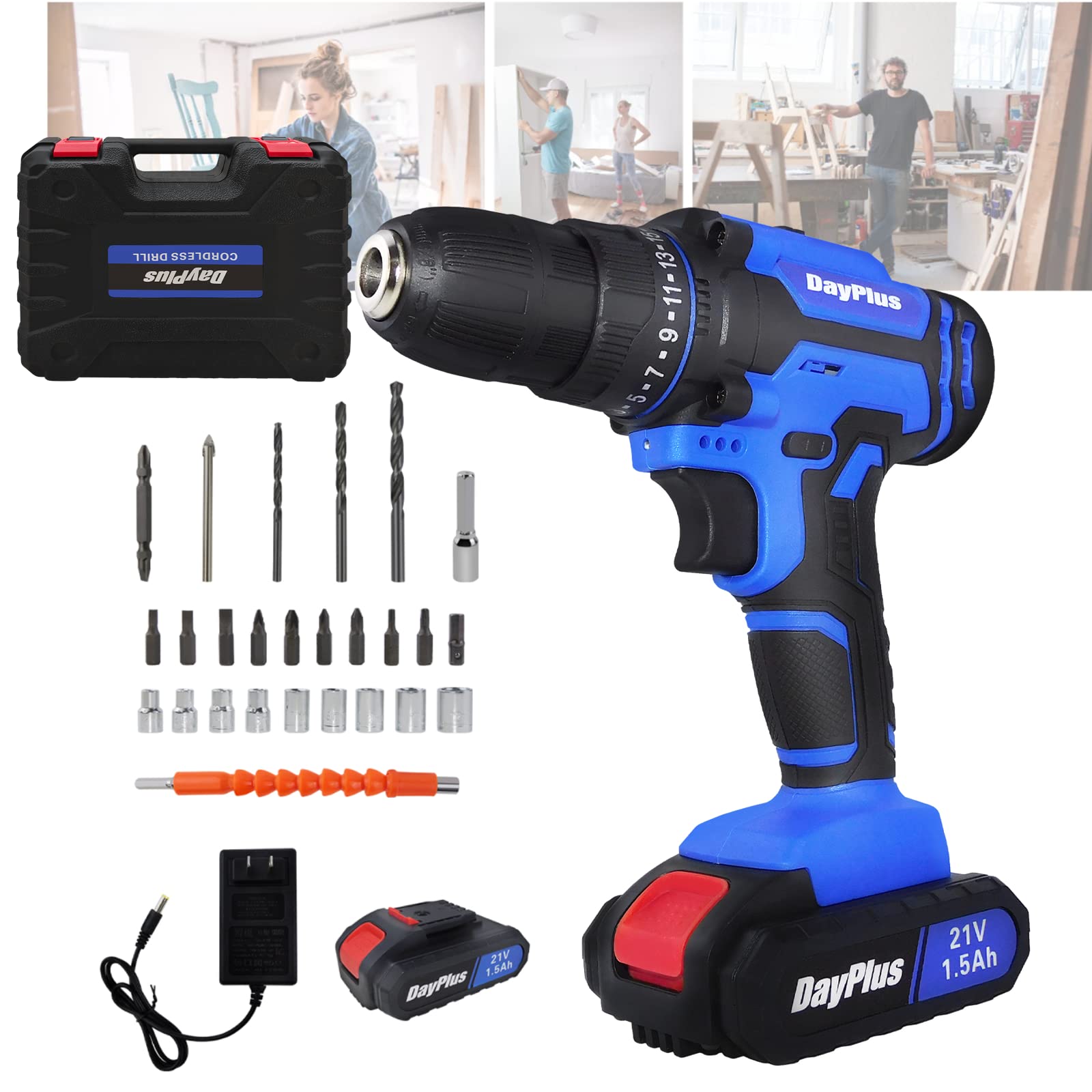 Акумуляторний бездротовий ударний Шуруповерт з дрилем LED лампою 1/2 дюймовий патрон 6000 мАг Li-ion акумулятор швидкий зарядний пристрій 4 насадки і 12 бітів, фото №1