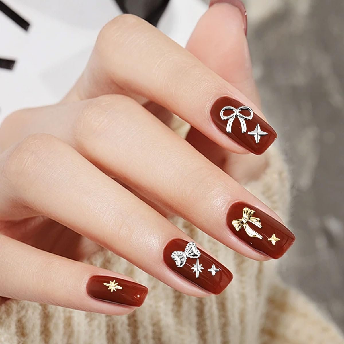 Украшения для ногтей Золото Серебро, 2 коробки 24 ячейки Звезды Бантики Украшения для ногтей Металлические заклепки в стиле панк, Металлические кристаллы для ногтей Бантики Аксессуары для украшения ногтей DIY поделки, фото №6