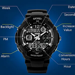 Часы спортивные SKMEI Military S-SHOCK LED цифровые водонепроницаемые с будильником кварцевые наручные (черные) Черный Ремешок synthetic.ua - Фото 1