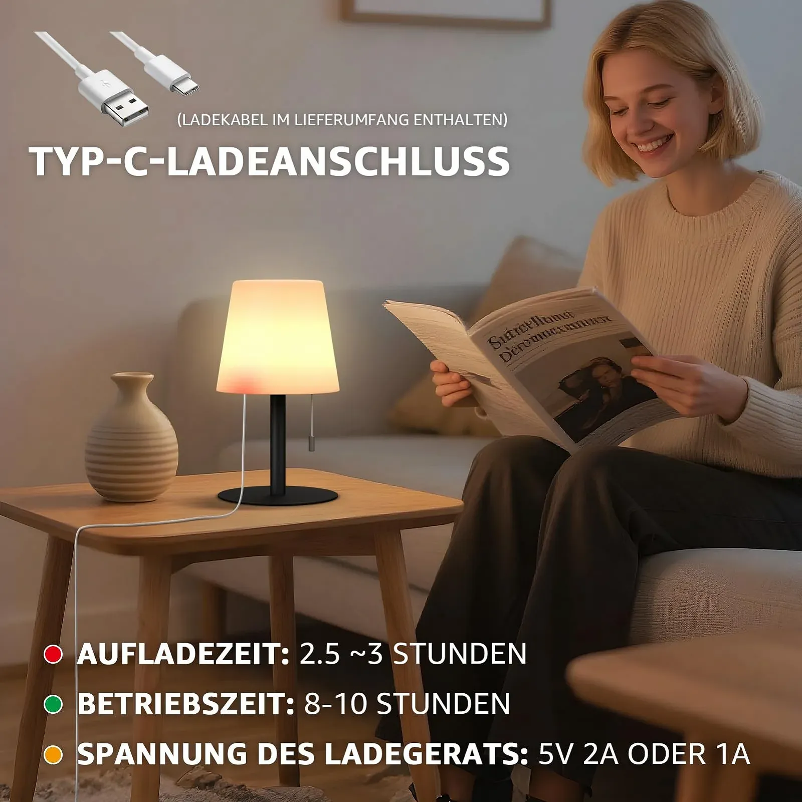 Світлодіодна настільна лампа FUYO LED Wireless Battery Night Light IP44 8 кольорів 8-20 год 25 x 16 см Ударостійка Портативна, фото №5