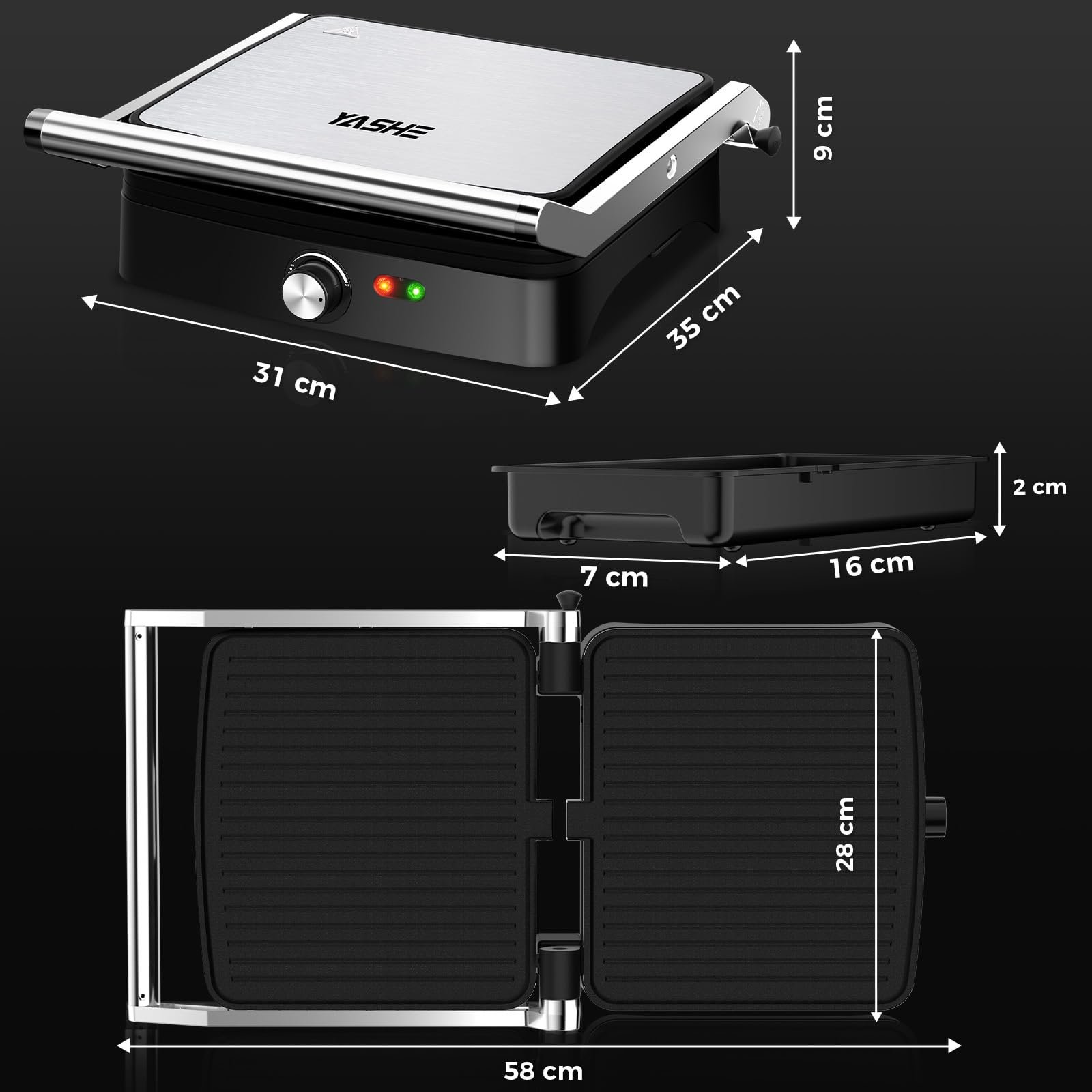 Контактний гриль YASHE 2000W, гриль для паніні на 4 скибочки, відкриття на 180


 градусів, антипригарні пластини, регульована температура, ручка Cool Touch, піддон для збору жиру, сріблястий/нержавіюча сталь, фото №7