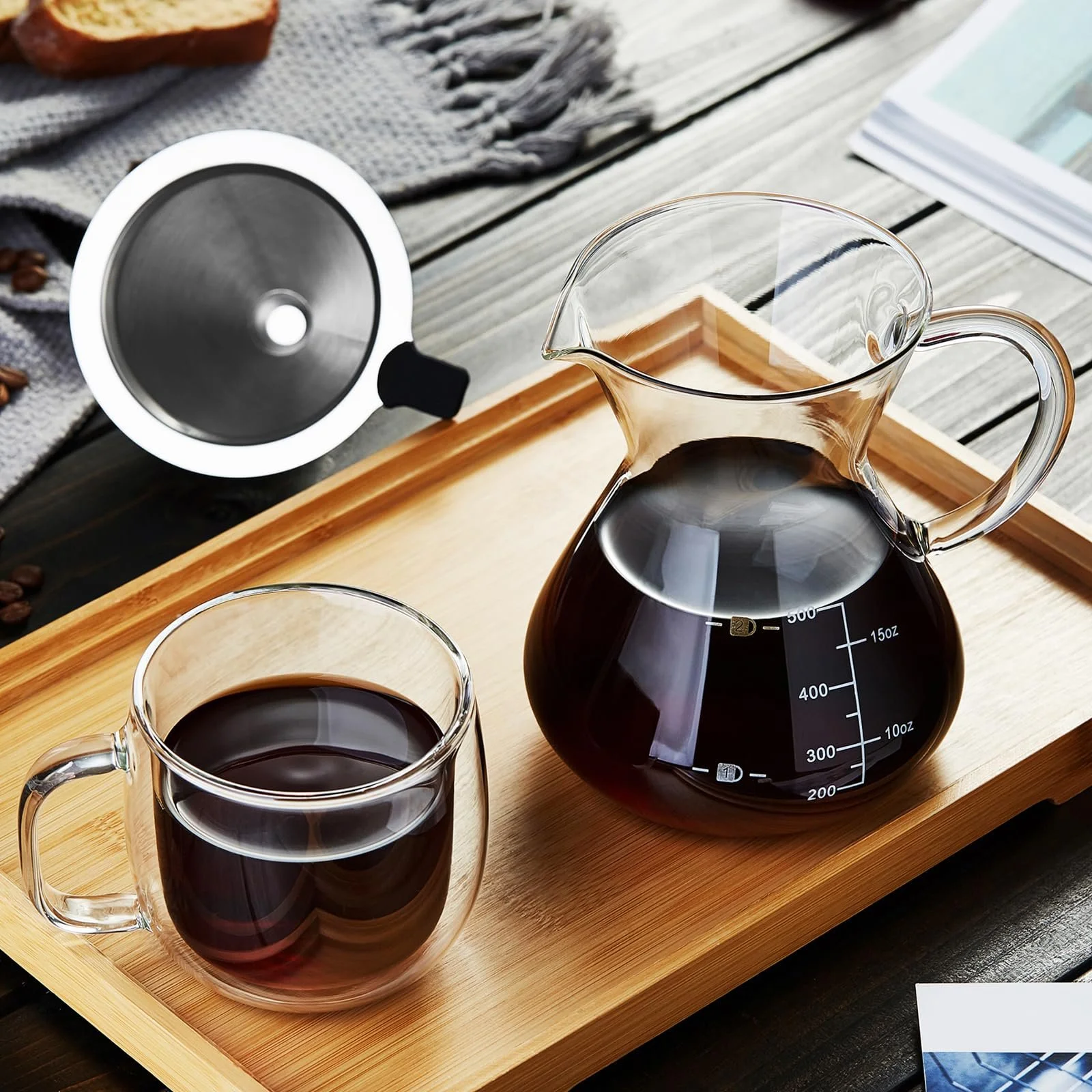 Кавник для приготування кави методом Pour Over Mesney 500 мл, скляний кавник з фільтром з нержавіючої сталі, фото №6