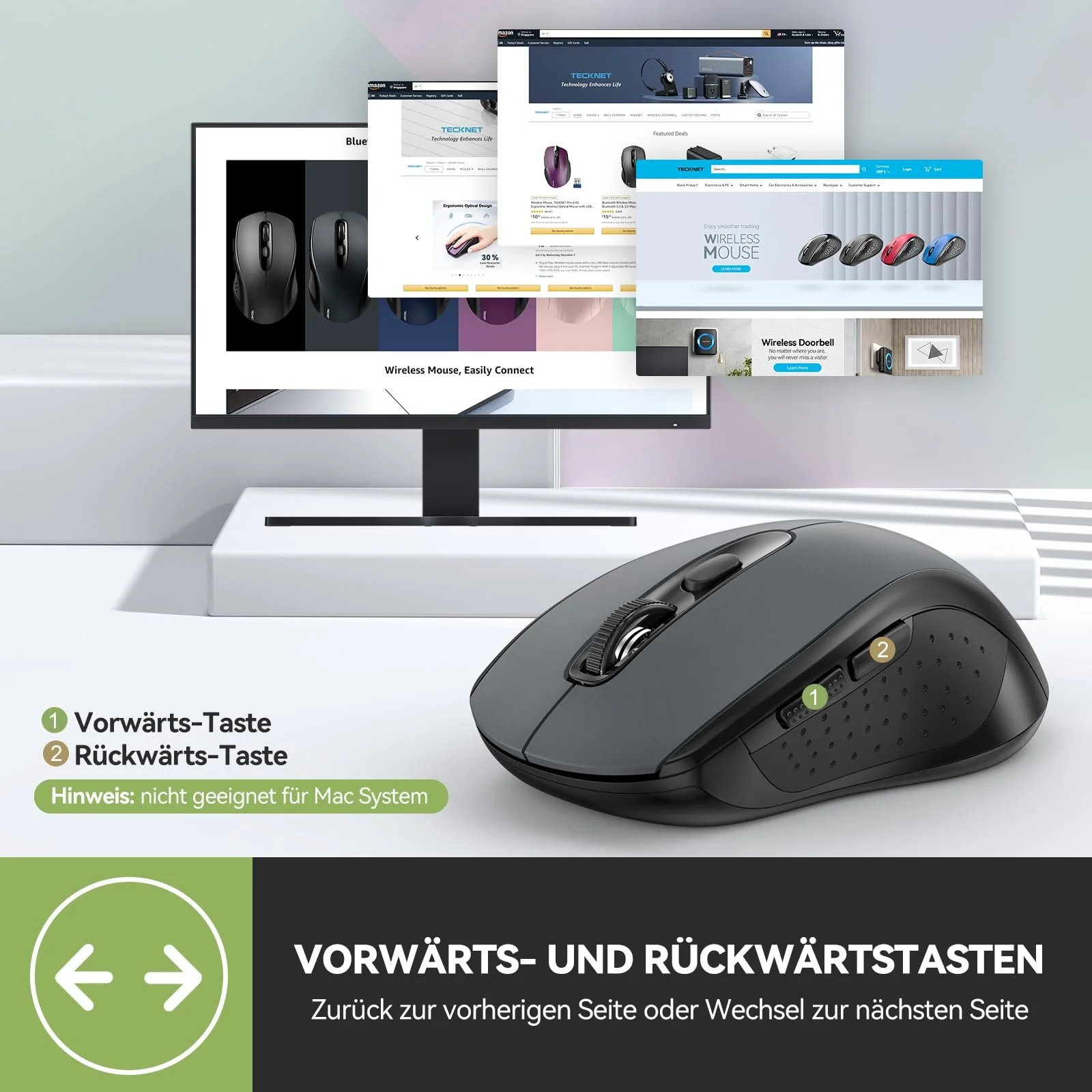 Миша Бездротова TECKNET Bluetooth (Tri-Mode: BT 5.0/4.0+2.4G) Ергономічна Портативна Сіра, фото №6 Миша Бездротова TECKNET Bluetooth (Tri-Mode: BT 5.0/4.0+2.4G) Ергономічна Портативна Сіра, фото №6