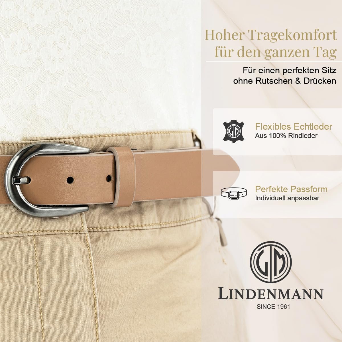 Ремень женский LINDENMANN из кожи КРС Коричневый капучино, фото №2