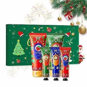 Набор подарочный Крем для рук и лосьон для тела Рождественский, с 3 кремами для рук и 2 кремами для тела, Мини крем для рук, Увлажняющий крем для сухих потрескавшихся рук и тела на зиму, Зимний подарок для женщин / мужчин / мам - Фото 1