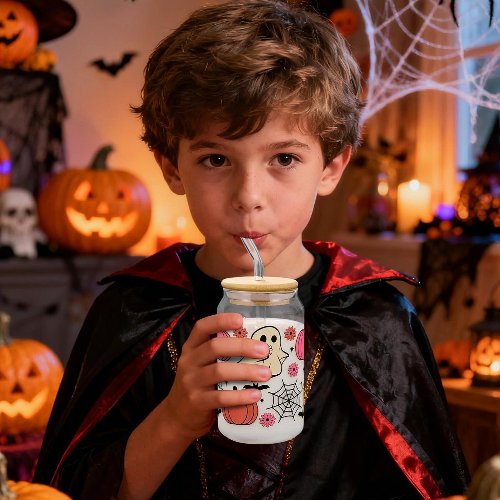 Хэллоуин Кружка с крышками и соломинками для детей K6rbis Geist Glas Eiskaffee Tasse 400 мл Scsse Tumbler с крышкой для подростков детей женщин взрослых Eiskaffee Halloween Party, фото №9