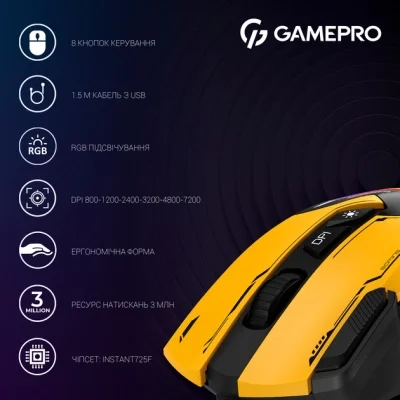 Мышка GamePro GM300Y USB Yellow/Black (GM300Y), фото №9