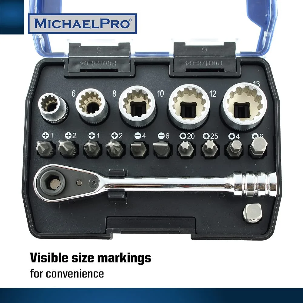 Мини отвертка MichaelPro MP012005 1/4 дюйма Micro Bit Ratchet High Torque 17 в 1 с битами, клиновидными флейтами и адаптером, фото №5