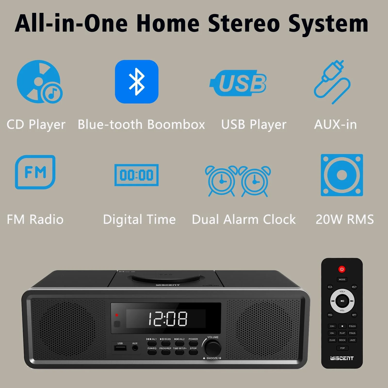 CD-проигрыватель WISCENT Home Stereo System с Bluetooth, FM-радио, Aux-In, USB, часами, двойным будильником, фото №2