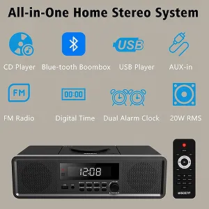 CD-проигрыватель WISCENT Home Stereo System с Bluetooth, FM-радио, Aux-In, USB, часами, двойным будильником synthetic.ua - Фото 1