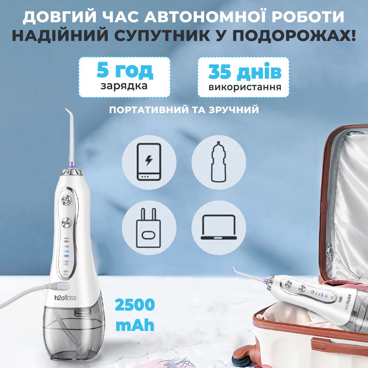 Ирригатор для полости рта H2ofloss Travel Kit HF-6 с насадками White, фото №5