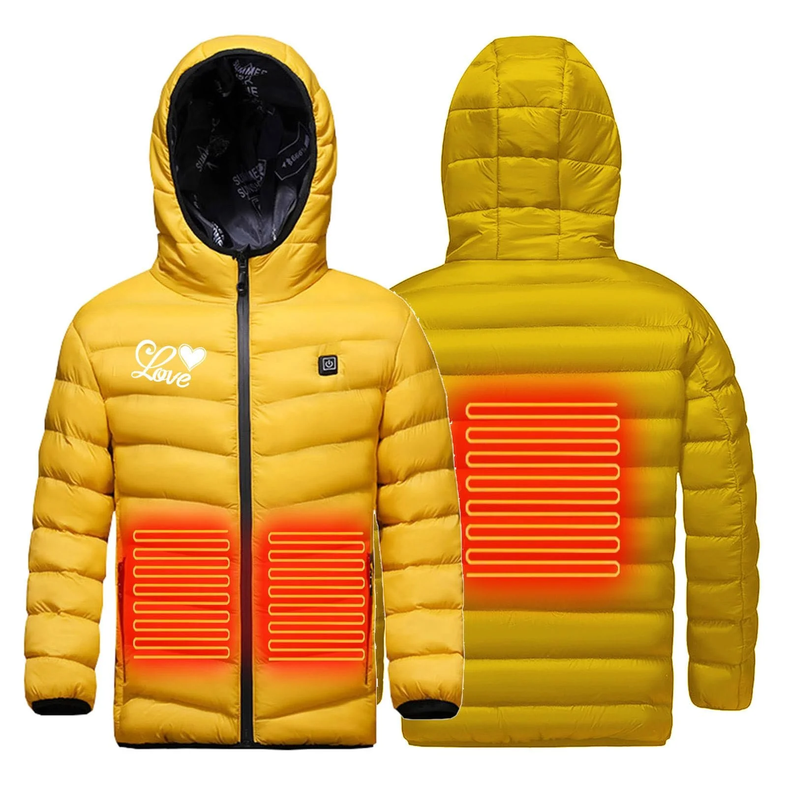 Куртка з електропідігрівом для дітей з капюшоном і принтом Creative Love, стьобана, 3 рівні температури, USB, легка з підігрівом, фото №1