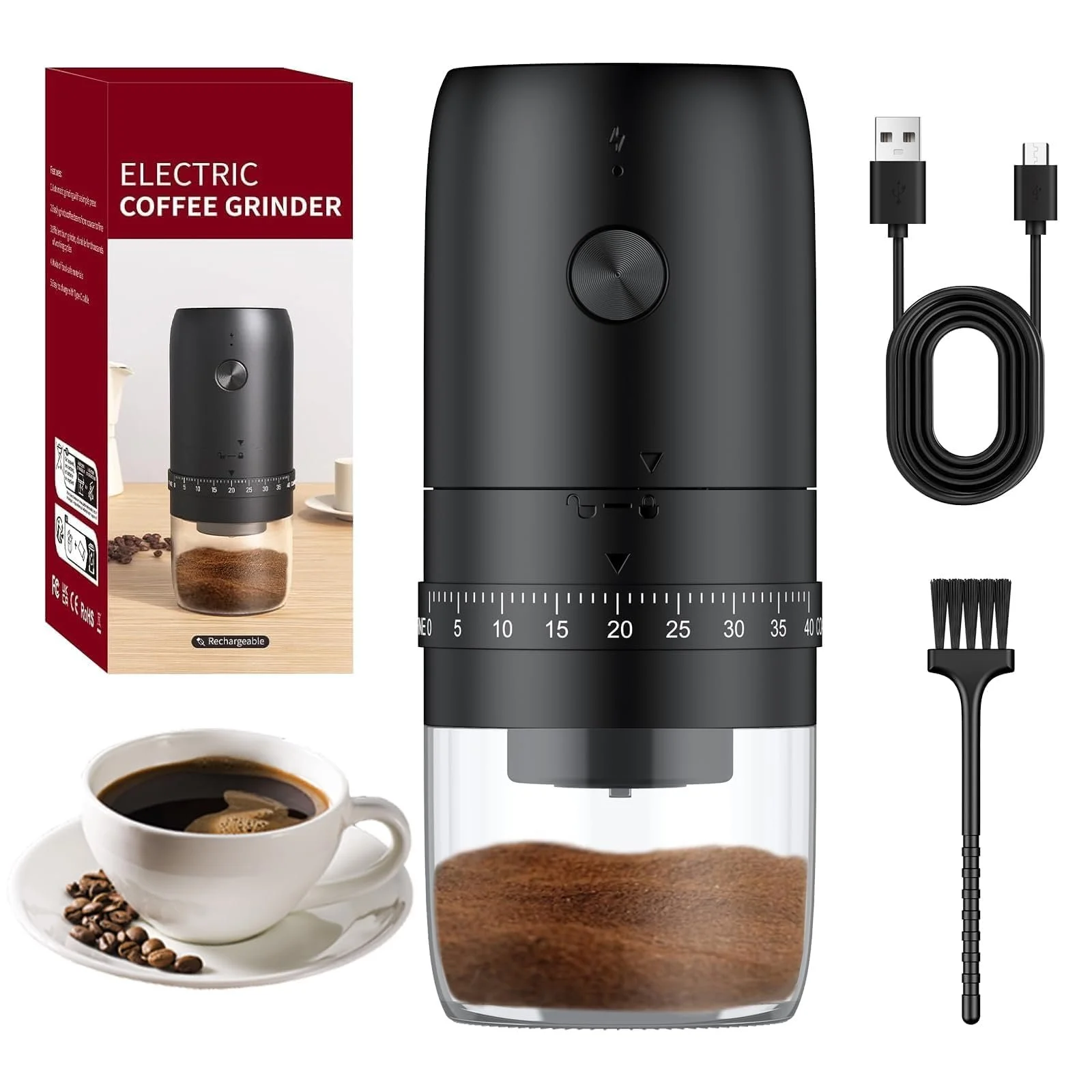 Кофемолка Pawfly Коническая керамическая 40 ступеней с автоматической остановкой и щеткой для чистки Электрическая Профессиональная для путешествий Кемпинга, фото №1