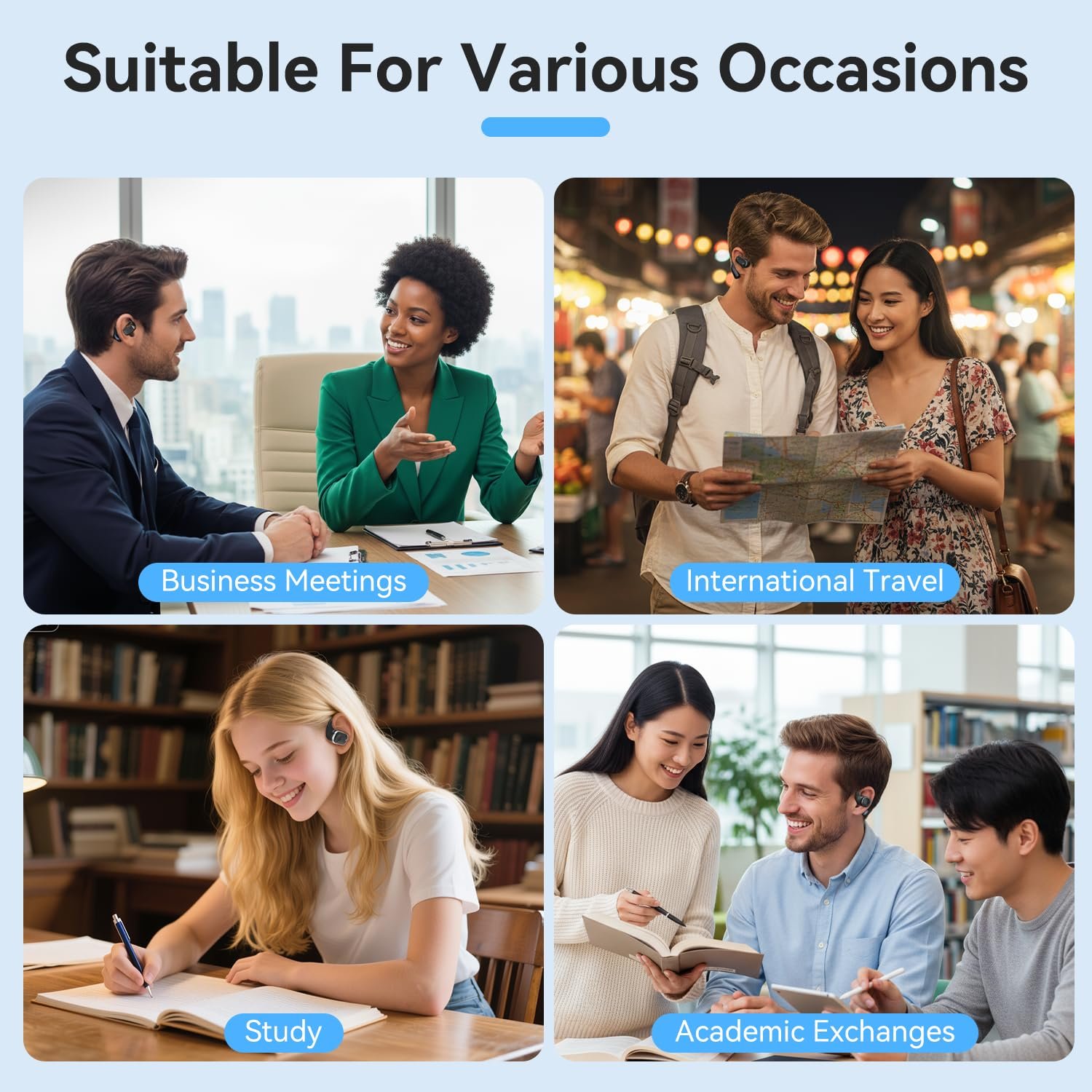 Навушники-перекладачі Ninonly ki 3-в-1 з перекладом у реальному часі 150 мовами, 7 режимів, 66 годин Bluetooth 5.4 для бізнесу, навчання, подорожей, фото №6