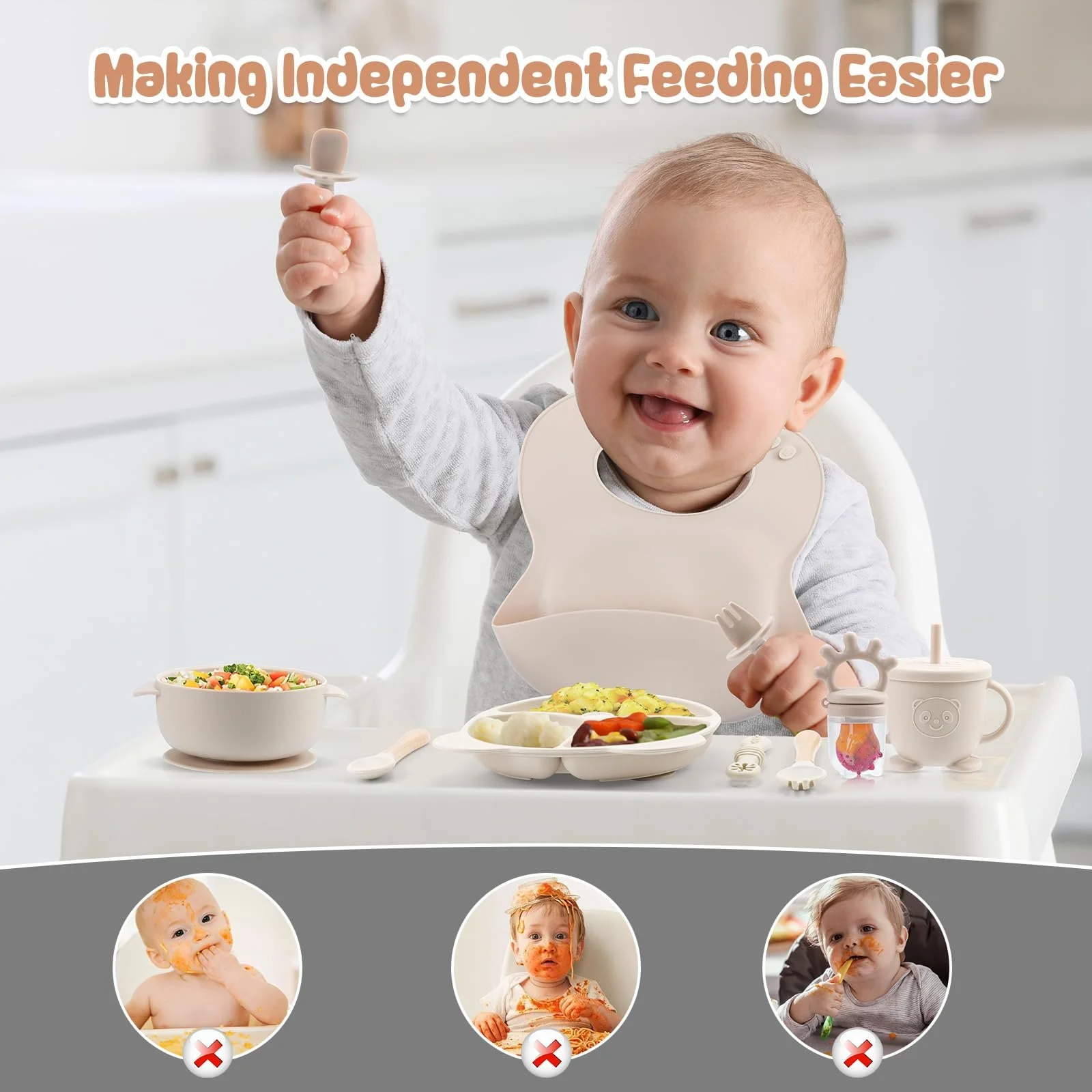 Набір дитячого силіконового посуду Feelhap, 13 предметів: дитяча тарілка з роздільниками та присоскою, дитяча миска з присоскою, силіконовий дитячий нагрудник, поїльник, фото №5