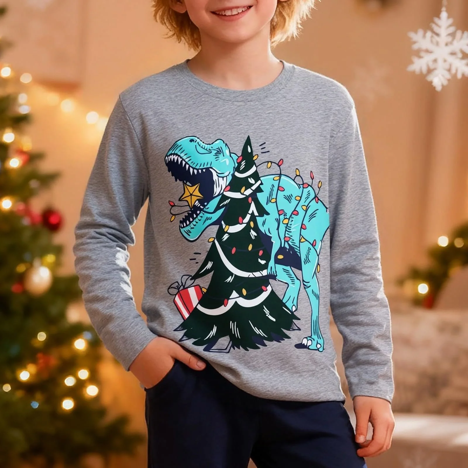 Джемпер Generisch для девочек, детский свитшот, повседневный рождественский джемпер, рубашка с длинными рукавами и принтом динозавра для мальчиков, повседневный топ с графическим рисунком для малышей, удобный для повседневной носки, фото №3