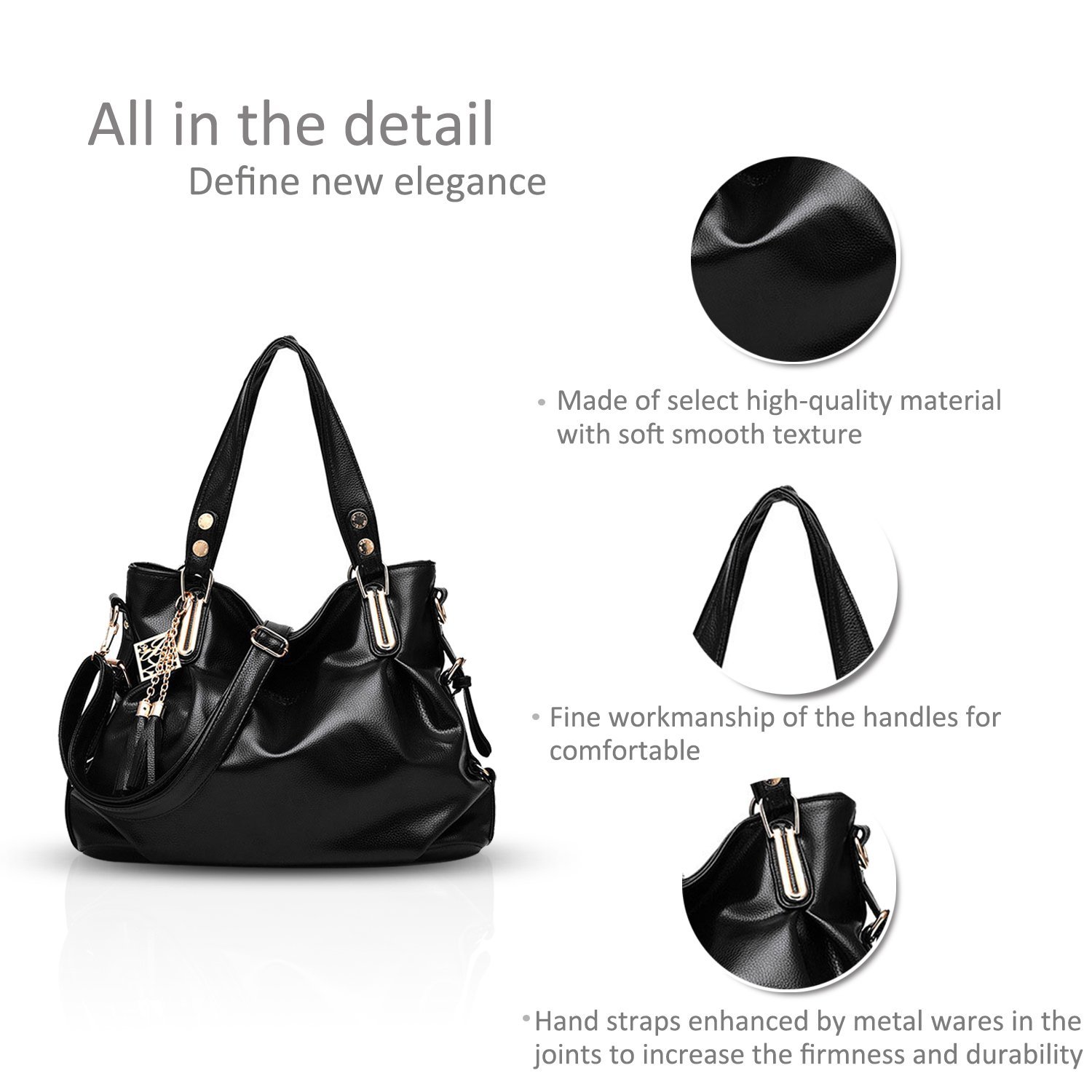 Сумка з верхньою ручкою Nicole&Doris класична модна повсякденна м'яка портативна на плече жіноча, месенджер, чорного кольору, фото №6 Сумка з верхньою ручкою Nicole&Doris класична модна повсякденна м'яка портативна на плече жіноча, месенджер, чорного кольору, фото №6