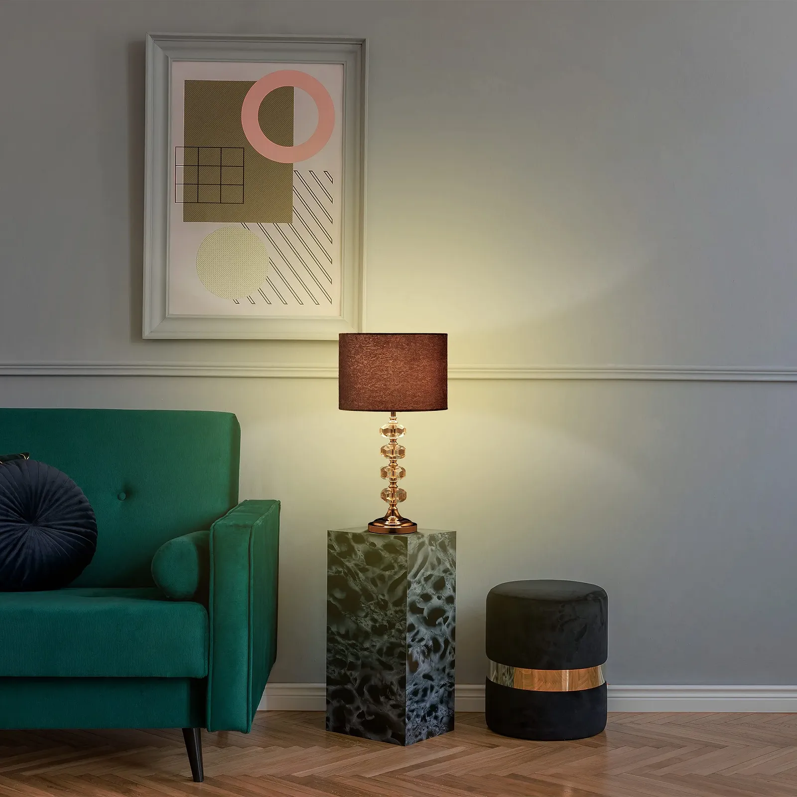 Настільна лампа Relaxdays Оксамитовий абажур Кришталева основа E14 48 x 26 см Сіра, фото №3