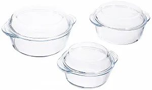 Набір скляних форм для запікання Круглі з кришками 3 шт. - Фото 1