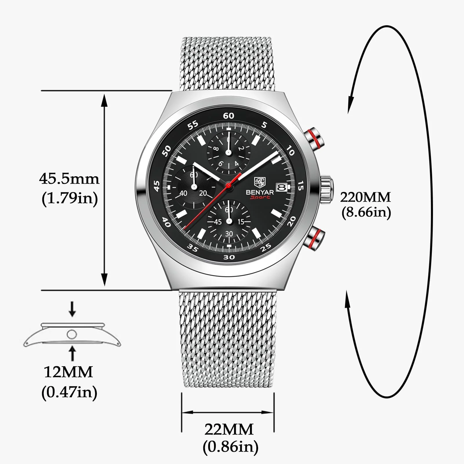 Мужские Часы Benyar Кварцевый Механизм Хронограф Дата Сетчатый Браслет из Нержавеющей Стали, фото №2 Мужские Часы Benyar Кварцевый Механизм Хронограф Дата Сетчатый Браслет из Нержавеющей Стали, фото №2