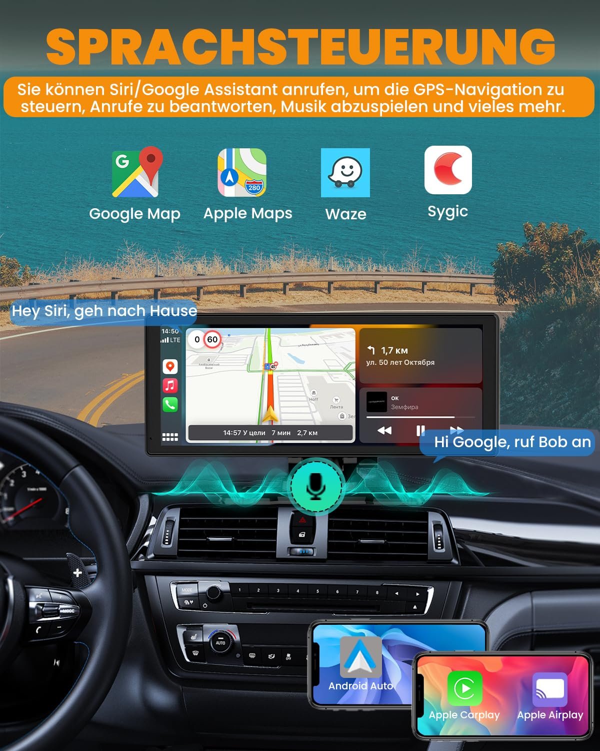 Дисплей Carplay Apple Carplay/Android Car 8.88 дюймов с камерой заднего вида 1080P HD и передней камерой, GPS навигацией, Hands-Free системой, Mirror Link, FM, простая установка, фото №5