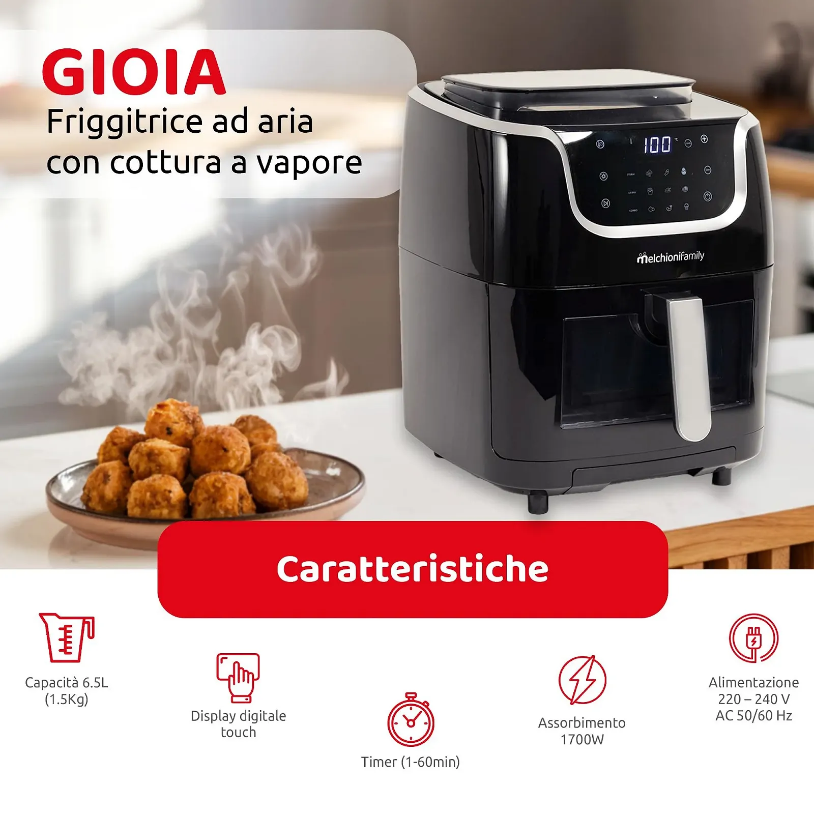 Мультипіч Melchioni Gioia 3-в-1 з функцією пари 6,5л резервуар для води 1,3л сенсорний дисплей 30 програм 1700Вт, фото №4 Мультипіч Melchioni Gioia 3-в-1 з функцією пари 6,5л резервуар для води 1,3л сенсорний дисплей 30 програм 1700Вт, фото №4