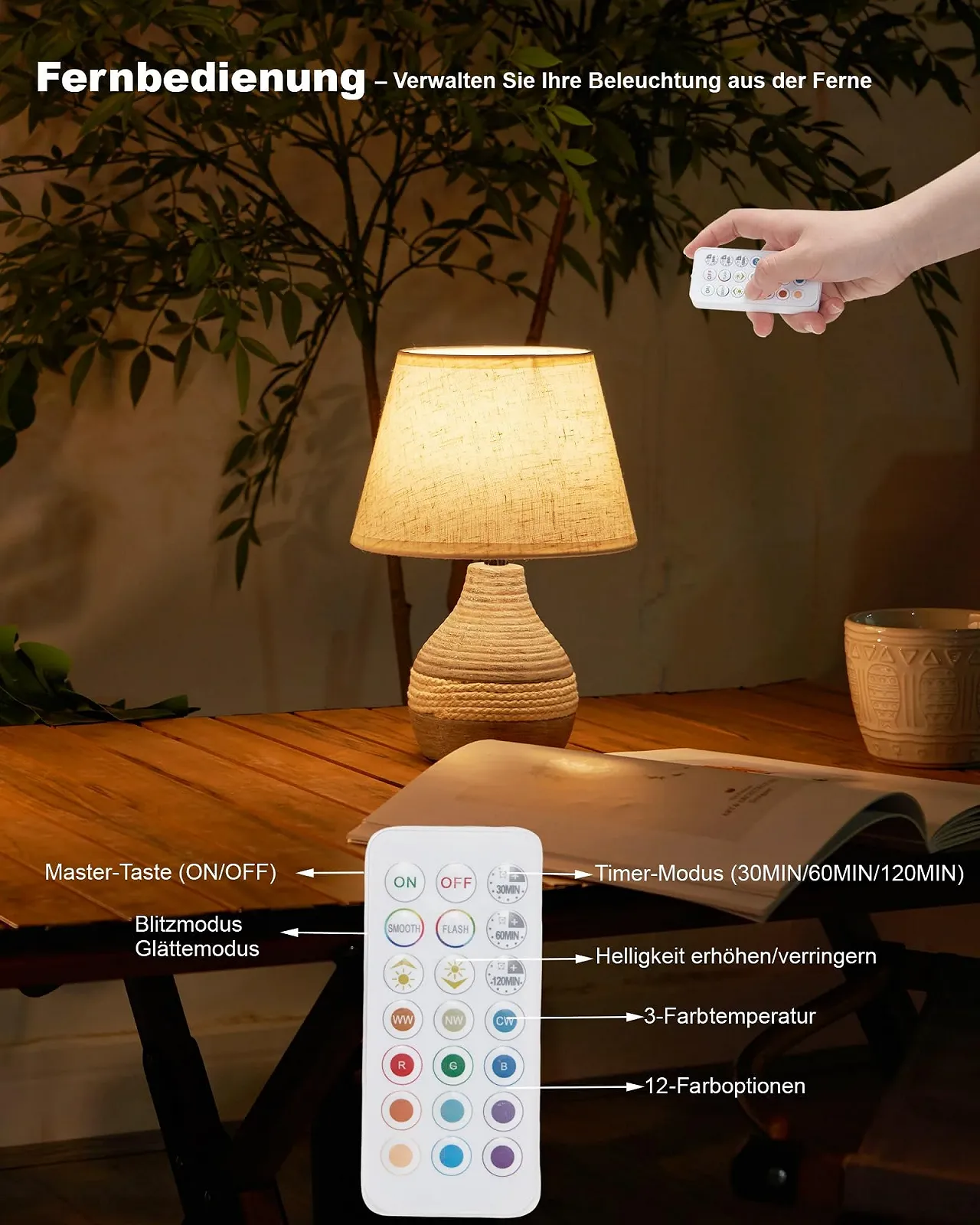 Настільна лампа керамічна бездротова таймер димер лляний плафон пульт ДК акумуляторна, фото №8