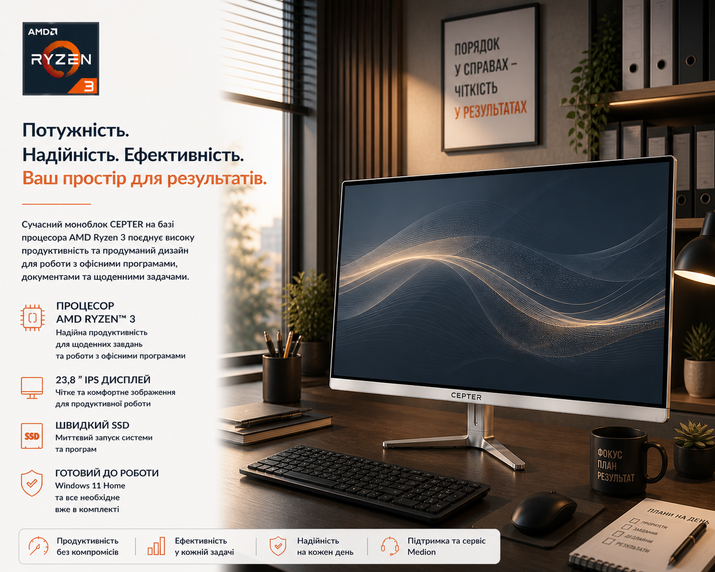 Моноблок 23.8" Medion (Lenovo Group) Cepter A440-01 | AMD Ryzen 3 3200U | IPS (1920x1080) FullHD | RAM 8 ГБ | SSD 512 ГБ | AMD Radeon Vega 3 Graphics | Wi-Fi 5 | Тонкий корпус | Win11 (5086), фото №1 Моноблок 23.8" Medion (Lenovo Group) Cepter A440-01 | AMD Ryzen 3 3200U | IPS (1920x1080) FullHD | RAM 8 ГБ | SSD 512 ГБ | AMD Radeon Vega 3 Graphics | Wi-Fi 5 | Тонкий корпус | Win11 (5086), фото №1