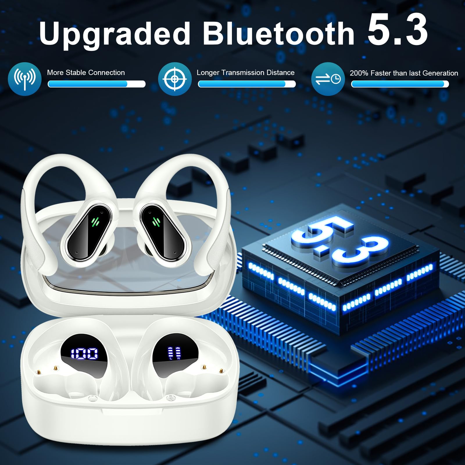 Беспроводные наушники Bluetooth 5.3 Спортивные с 4 ENC микрофонами 50 часов HiFi стерео с двойным LED дисплеем Черные, фото №3