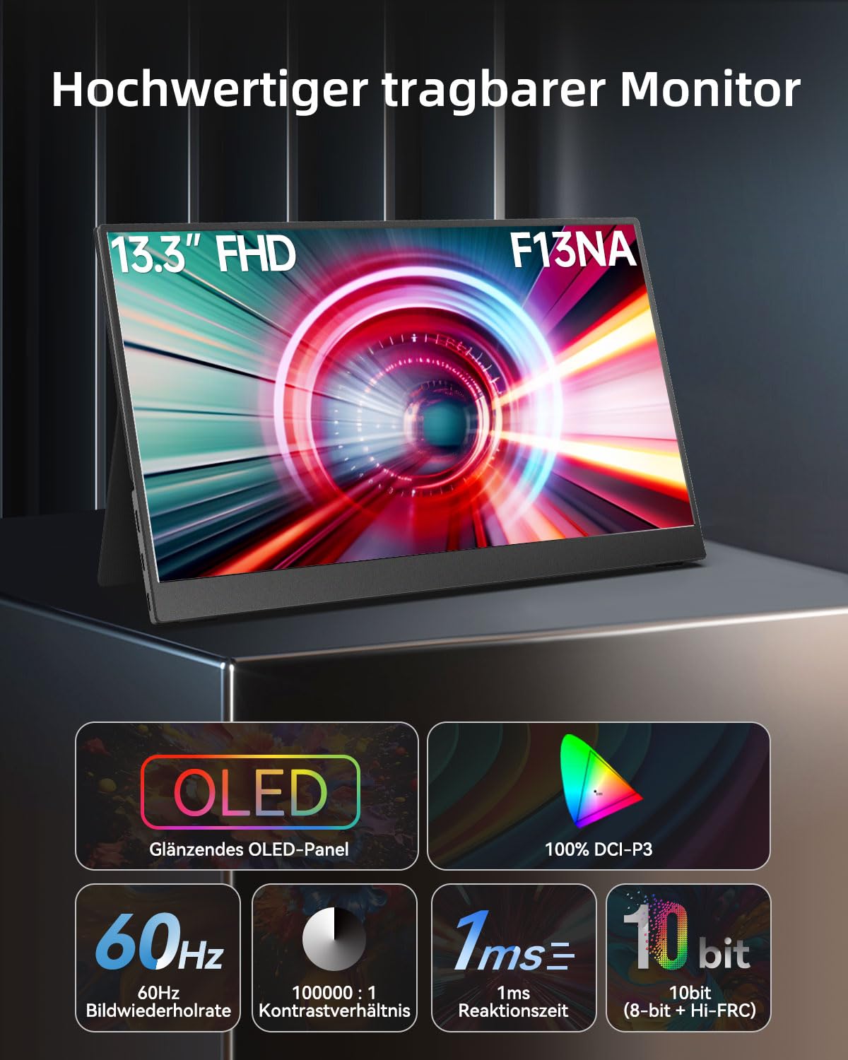 Монітор Intehill F13NA Переносний OLED 13.3 дюйма FHD Екран Час відгуку 1мс Яскраві кольори 10біт 100% DCI-P3 для ноутбука/Mac/PS3/4/5/Samsung Dex, фото №2