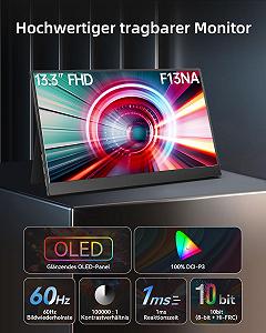 Монітор Intehill F13NA Переносний OLED 13.3 дюйма FHD Екран Час відгуку 1мс Яскраві кольори 10біт 100% DCI-P3 для ноутбука/Mac/PS3/4/5/Samsung Dex synthetic.ua - Фото 1